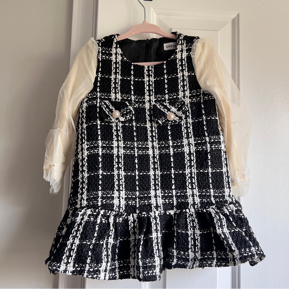 Shein Black & White Tweed Pearl Pocket Dress with Cream Sleeves Toddler/Kids